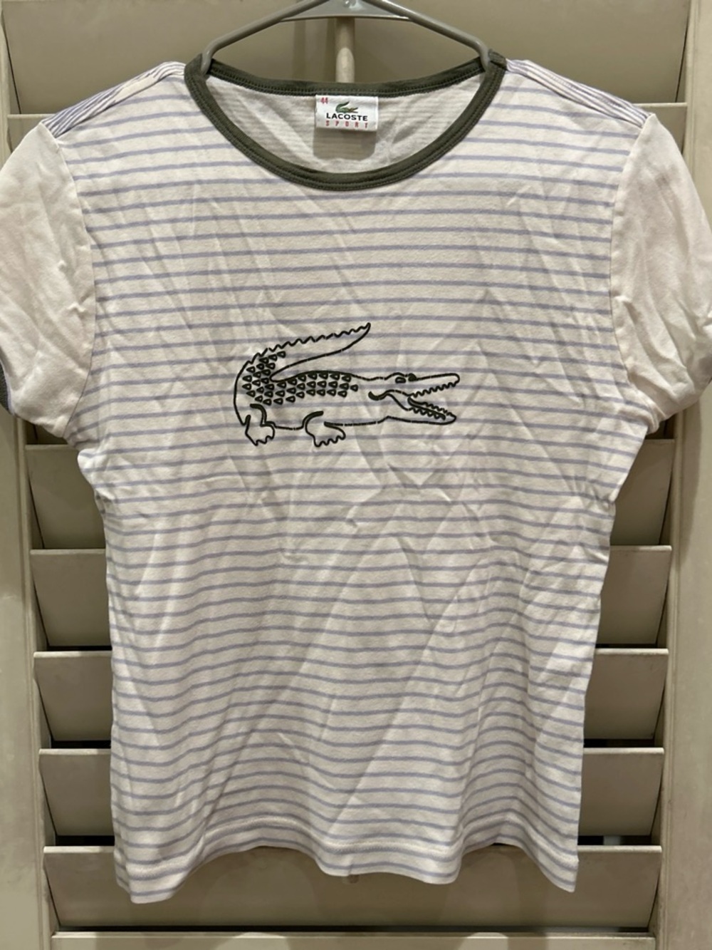 Lacoste White Tee with Light Blue Stripes and Olive Trim